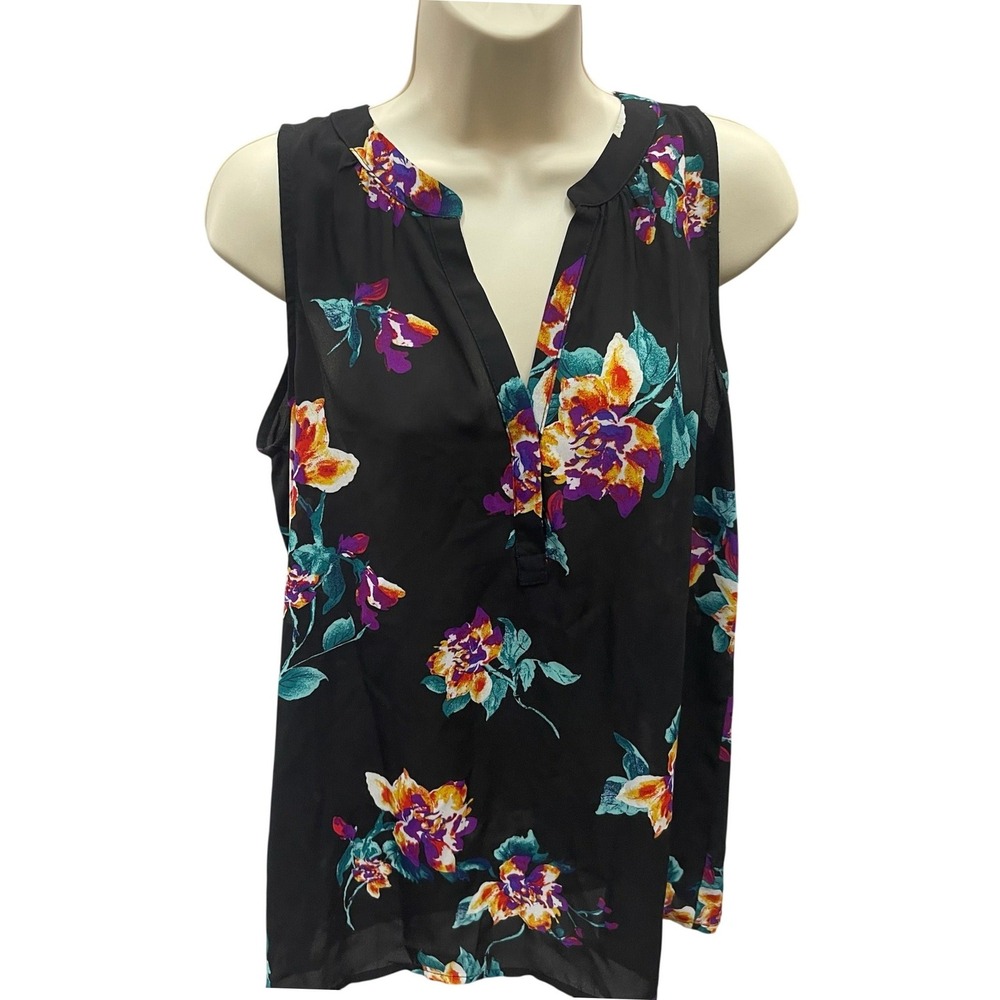 Alice Blue Womens Floral Sleeveless Blouse Black Split V-Neck Size Medium
